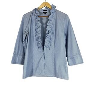 Talbots Button Down Top Womens 8 Blue Striped Cotton Ruffle V-Neck Coastal Work